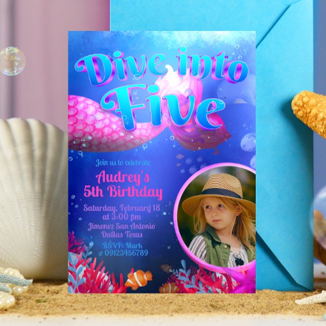 Invitation Plongez dans cinq - Sirène avec photo (Dive into Five - Girl Mermaid 5th Birthday Invitation with Picture)
