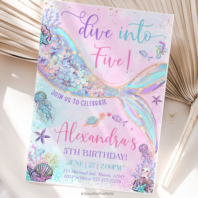 Invitation Plongez dans Five Anniversaire Sirène (mermaid birthday invitation, dive into five, mermaid party invite, 5th birthday mermaid, under the s)