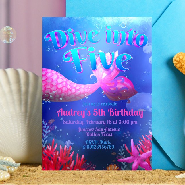 Invitation Plongez dans Five - Sirène (Dive into Five - Girl Mermaid 5th Birthday Invitation)