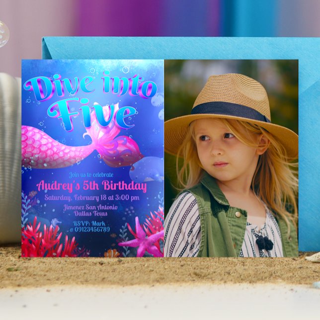 Invitation Plongez dans Five - Sirène avec paysage photo (Dive into Five - Girl Mermaid 5th Birthday Landscape Invitation with Picture)