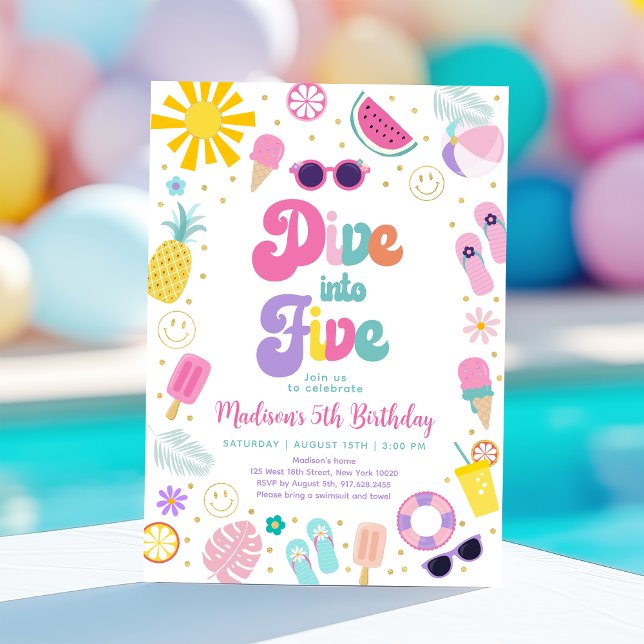 Invitation Plongez dans l'anniversaire de cinq filles Piscine (Créateur téléchargé)