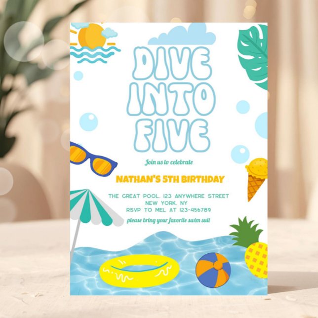 Invitation Plongez dans l'anniversaire des 5 ans de Boy Fête  (pool party invitation, dive into five invite, summer birthday invite, beach birthday invitation, kid)
