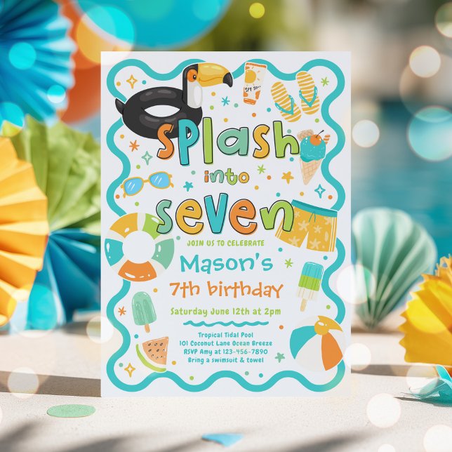 Invitation Plongez dans sept fête d'anniversaire estivale de  (Créateur téléchargé)