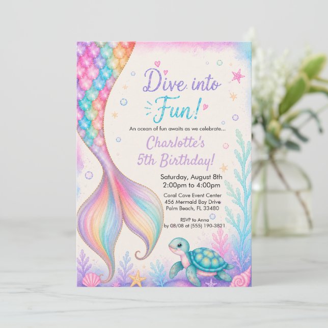Invitation Plongez dans une queue de sirène aquarelle d'anniv (Debout devant)