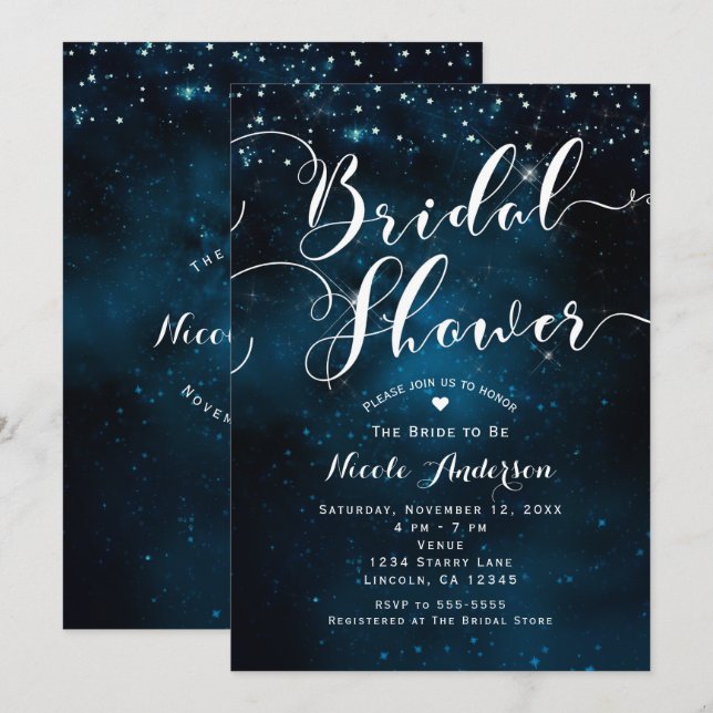 Invitation PLUIE DE CADOLE Ciel Céleste Étoilé Bleu Mariage (Devant / Derrière)