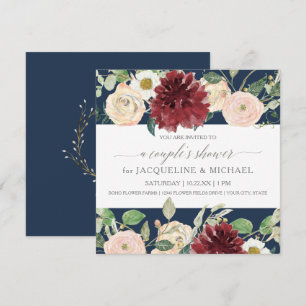Invitation Pluie de couple Navy Chrysanthème Rose Bourgogne