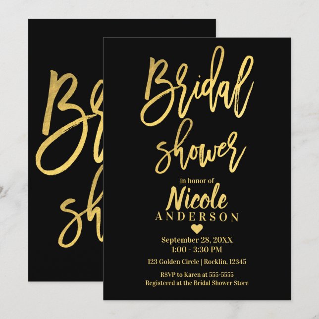 Invitation PLUIE DE MARIAGE Écriture Moderne Noir Feuille d'O (Devant / Derrière)