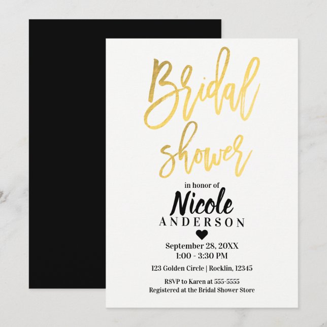Invitation PLUIE DE MARIAGE Élégant feuillet or moderne scrip (Devant / Derrière)