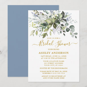 Invitation Pluie de Mariée Aquarelle Verdure Bleu Poussiéreux