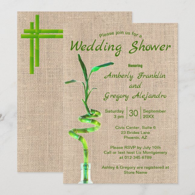 Invitation Pluie de Mariée Bambou Chanceux Spirale Burlap Rus (Devant / Derrière)
