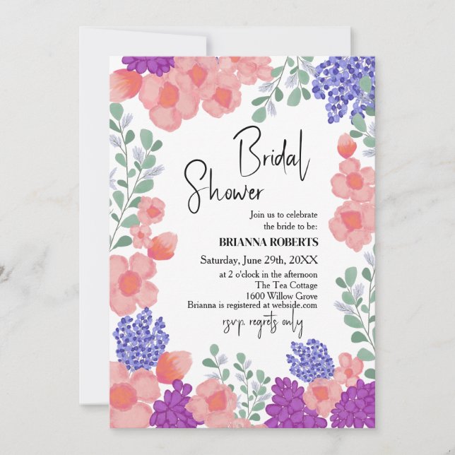 Invitation Pluie de Mariée Fleur Rose Aquarelle (Devant)
