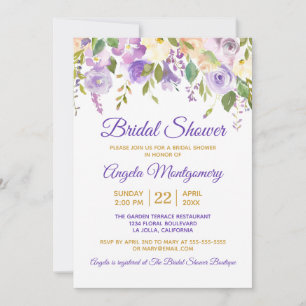 Invitation Pluie de Mariée Fleurs Aquarelles Violettes et Dor