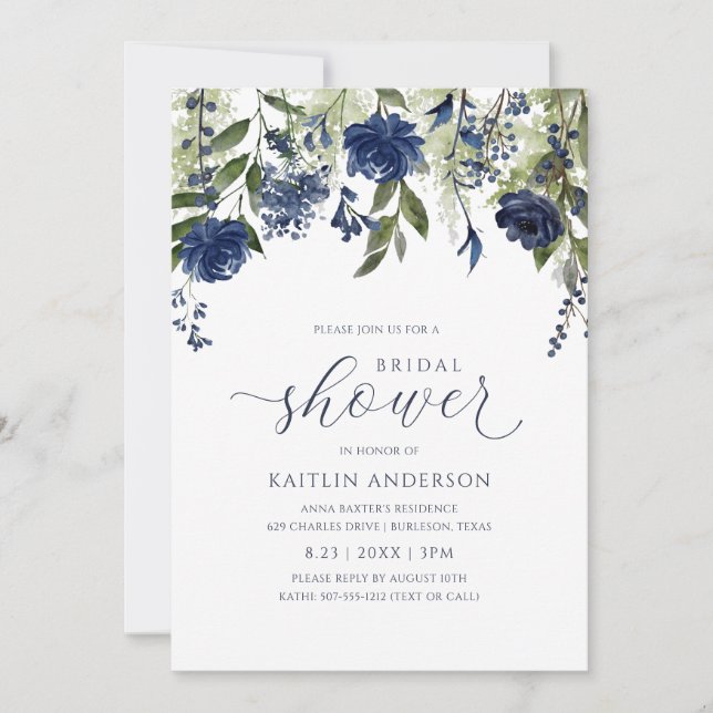 Invitation Pluie de Mariée Fleurs Sauvages Bleu Foncé Feuilla (Devant)