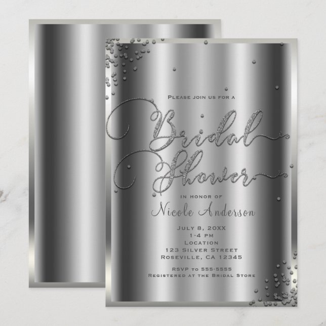 Invitation Pluie de Mariée Moderne Argent Brillant Confetti G (Devant / Derrière)