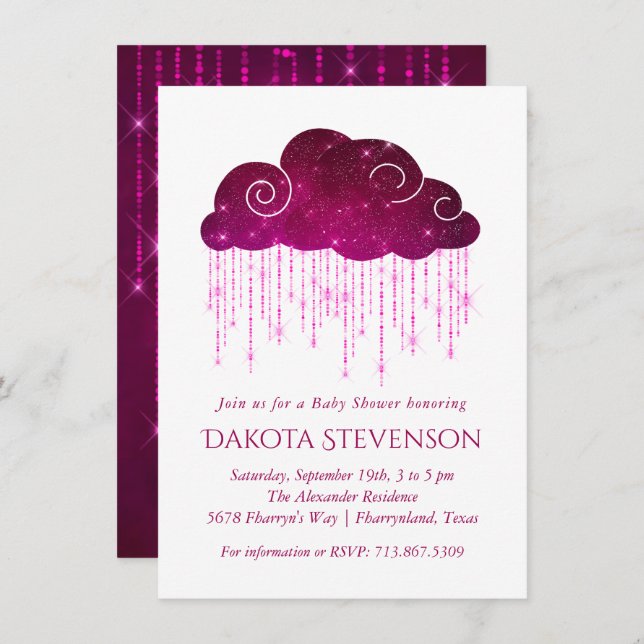 Invitation Pluie étincelante | Baby shower monochrome rose fo (Devant / Derrière)