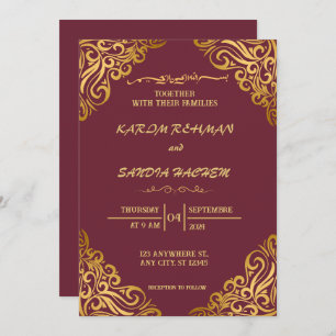 Invitation Plum à cadre floral et or Mariage musulman islamiq