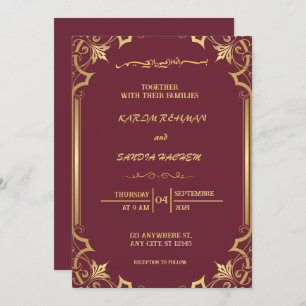 Invitation Plum à cadre floral et or Mariage musulman islamiq