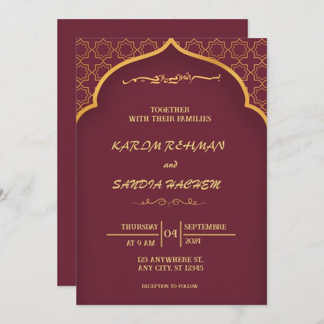 Invitation Plum à cadre floral et or Mariage musulman islamiq (Devant / Derrière)