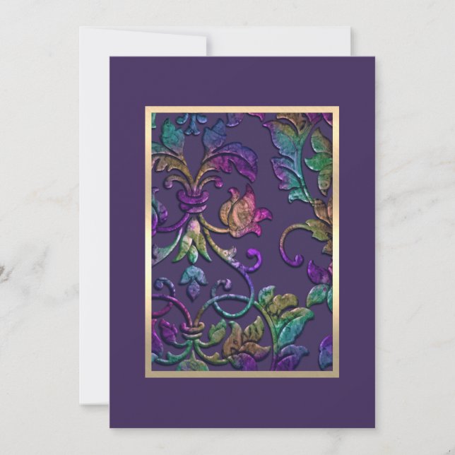 Invitation Plum bat mitzvah violet arc-en-ciel Damask N'impor (Devant)