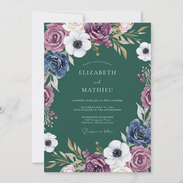 Invitation Plum Blue Botanical Romance Wedding (Devant)