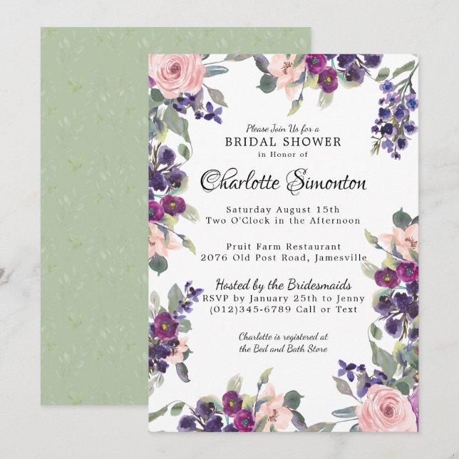 Invitation Plum Blush Moderne Floral Douche nuptiale Invitati (Devant / Derrière)
