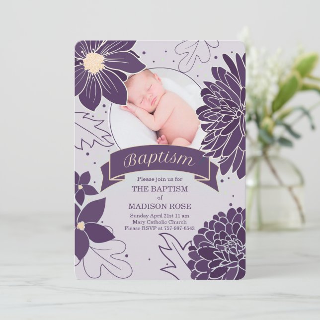 Invitation Plum Botaniques pour les filles avec Baptême Photo (Debout devant)