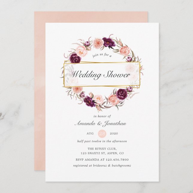 Invitation Plum Bourgogne et Wedding shower géométrique Blush (Devant / Derrière)