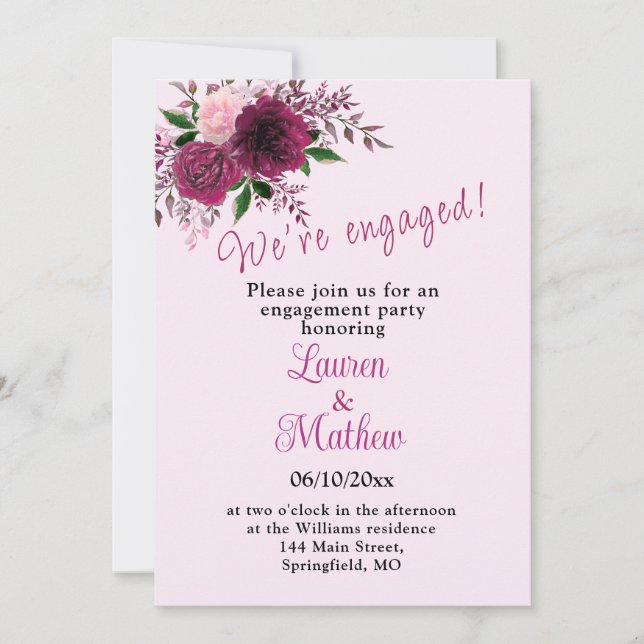 Invitation Plum Burgundy Blush rose Floral Partie I (Devant)