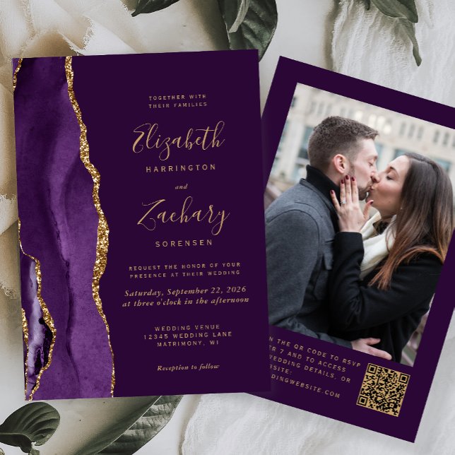 Invitation Plum d'agate d'or violet photo Code QR Mariage (Créateur téléchargé)