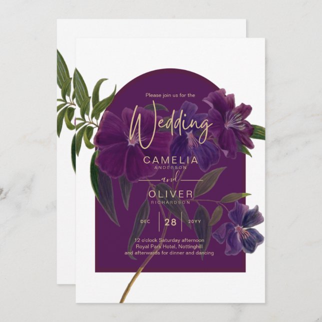 Invitation Plum d'aubergine Purple Floral Forêt Mariage vert (Devant / Derrière)