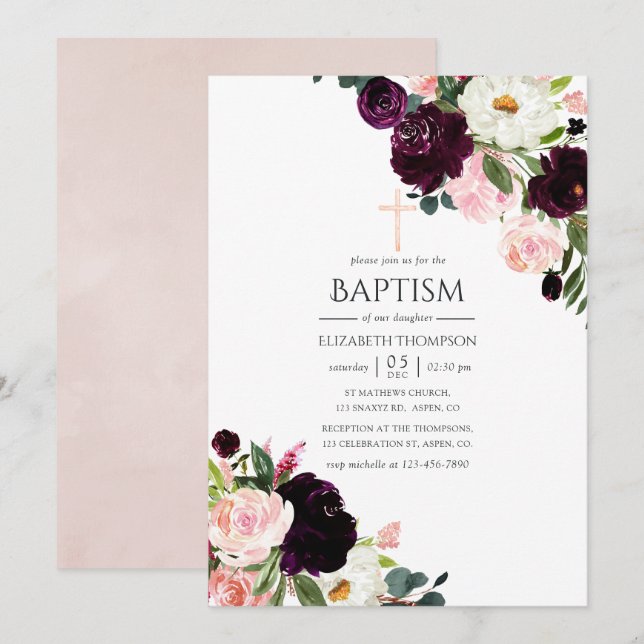 Invitation Plum de Bourgogne et Baptême floral rose (Devant / Derrière)
