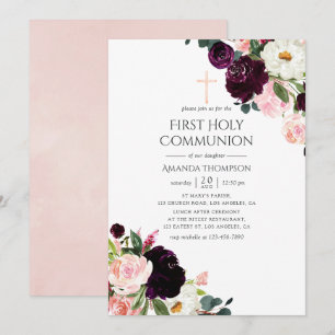 Invitation Plum de Bourgogne et communion florale rose rousse