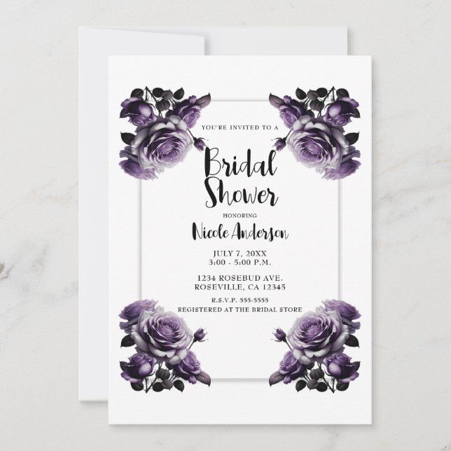 Invitation Plum délicat violet Roses Shabby Douche (Devant)