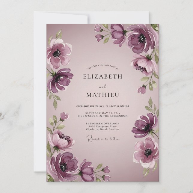 Invitation Plum Elegant Watercolor Wedding (Devant)