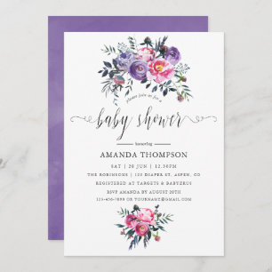 Invitation Plum et Aquarelle rose Baby shower Floral