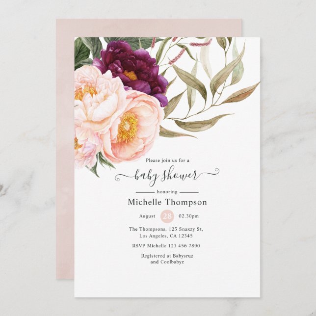 Invitation Plum et Baby shower floral flou (Devant / Derrière)