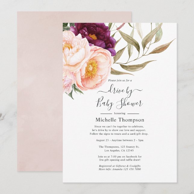 Invitation Plum et Blush Floral Drive By Shower (Devant / Derrière)