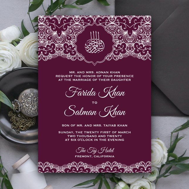 Invitation Plum et dentelle blanche Mariage musulman islamiqu (Créateur téléchargé)