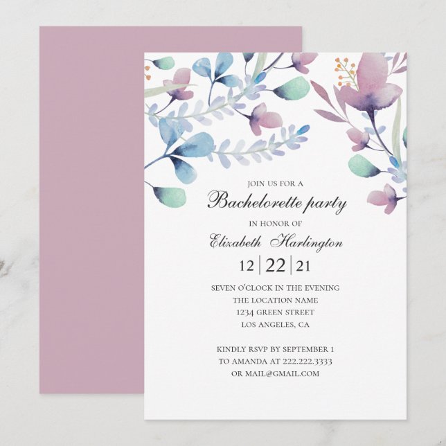 Invitation Plum et fleurs bleues. Fête de bachelorette floral (Devant / Derrière)