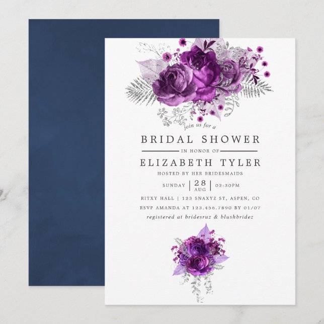 Invitation Plum et marine Aquarelle Fête des mariées florale (Devant / Derrière)