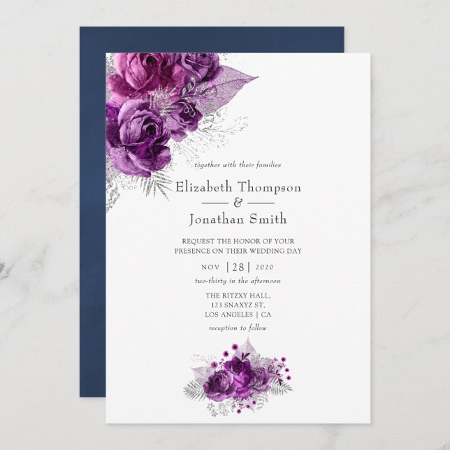 Invitation Plum et marine Aquarelle Mariage floral (Devant / Derrière)