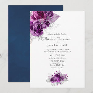 Invitation Plum et marine Aquarelle Mariage floral