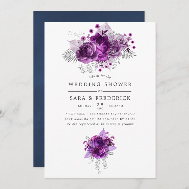 Invitation Plum et marine Aquarelle Wedding shower floral (Devant / Derrière)