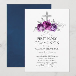 Invitation Plum et marine Floral Première sainte communion