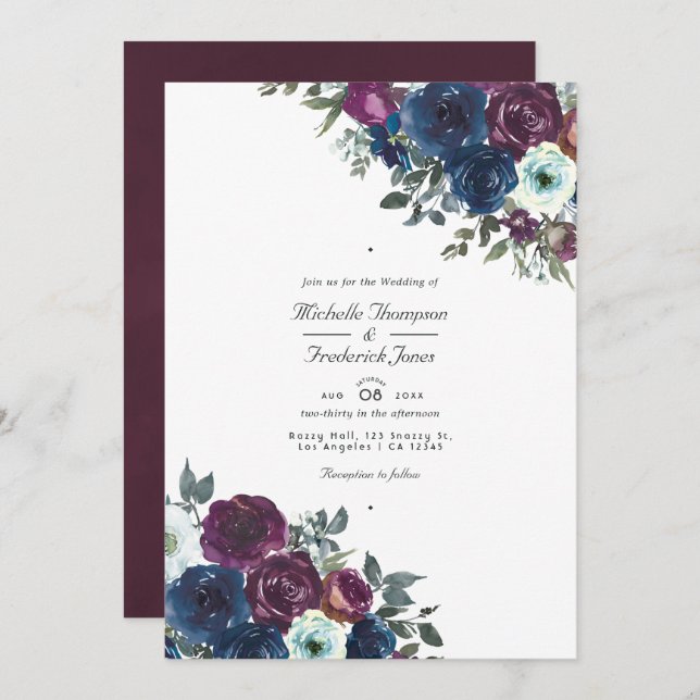 Invitation Plum et marine Floral QR Code RSVP Mariage (Devant / Derrière)