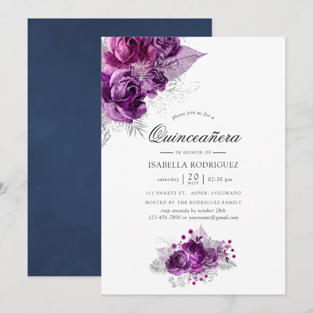 Invitation Plum et Navy Fleur aquarelle Quinceañera (Devant / Derrière)