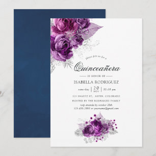 Invitation Plum et Navy Fleur aquarelle Quinceañera