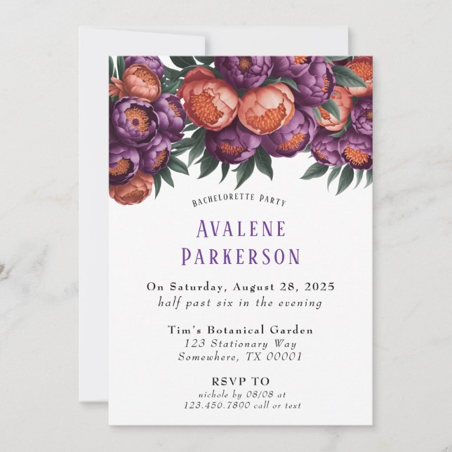 Invitation Plum et Orange Peony Bachelorette Party (Devant)