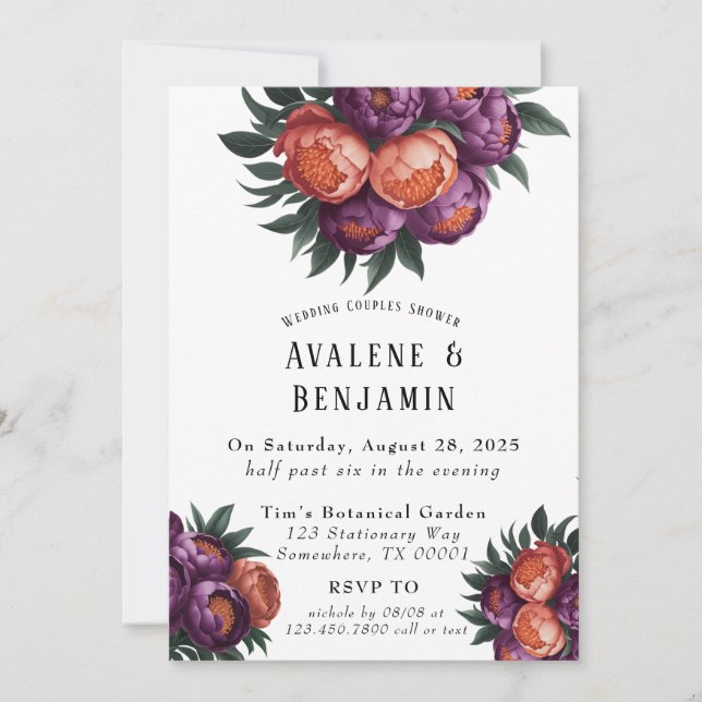 Invitation Plum et Orange Peony Mariage Couples Douche (Devant)