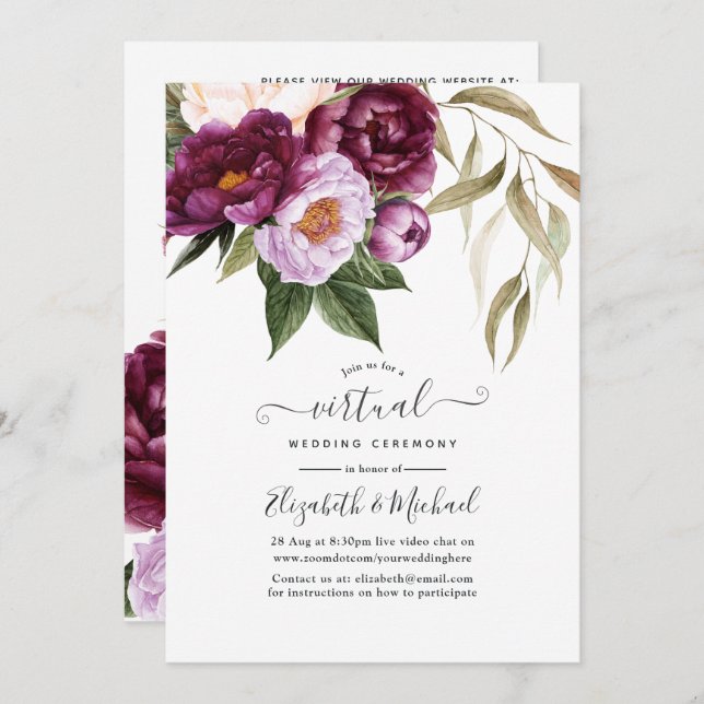 Invitation Plum et Pastel Violet Floral Mariage virtuel (Devant / Derrière)